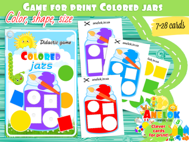 Didactic game Colored jars  in English (color, shapes, size)
